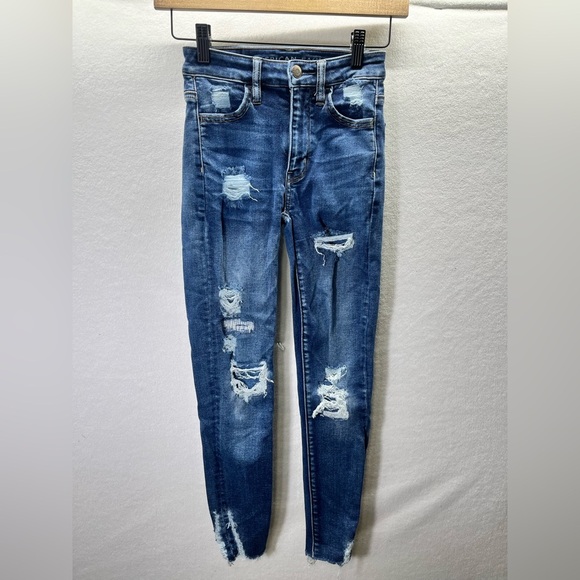American Eagle Super Hi-Rise Jegging Jeans Womens 00 Short Blue Distressed 2196 - Picture 1 of 10